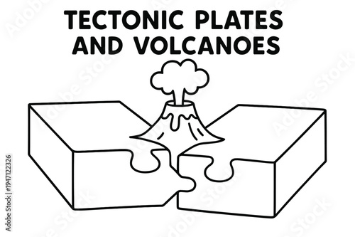 Volcano Coloring Page. Tectonic plates and volcanoes children?s coloring book illustration, outlined drawing, two simple puzzle-piece plates meeting with a
