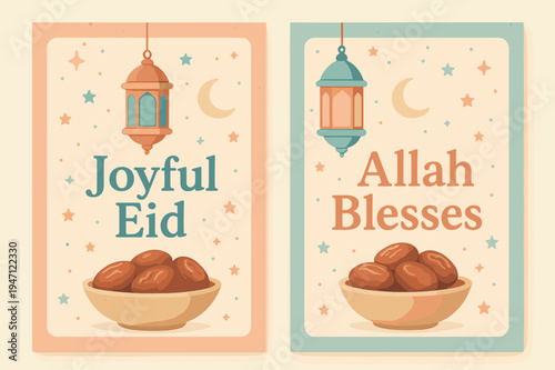 Eid Celebration Banners. Eid Celebration. Two vertical A6 banners with safe margins, centered composition, no elements touching edges, pastel, coral and teal,