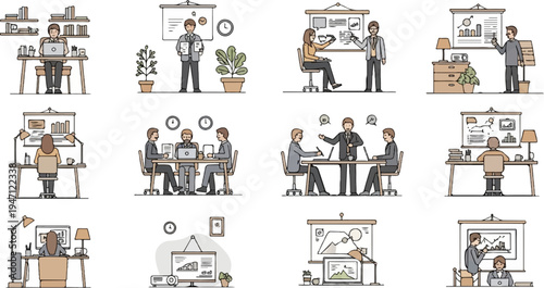 A collage of business scenes, depicting teamwork, presentations, and individual workspaces
