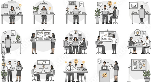 Office scenes individuals and groups collaborating, presenting, and working