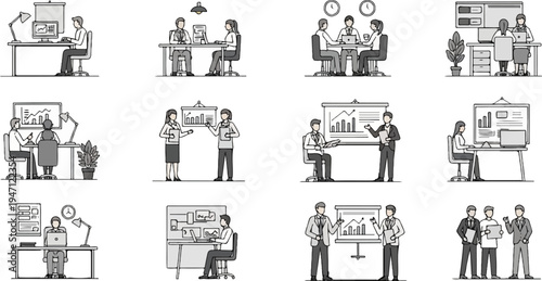 A collection of monochrome illustrations depicting various office work scenarios