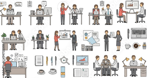 Diverse office scenes with people working at desks and collaborating