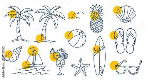 Seamless Pattern of Blue Outline Summer and Beach Vacation Doodle Icons with Yellow Circle Accents