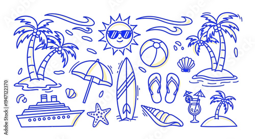 Blue Outline Seamless Pattern of Summer and Beach Vacation Doodle Icons with Yellow Accents