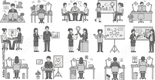 Diverse office work scenarios featuring people collaborating and working on computers