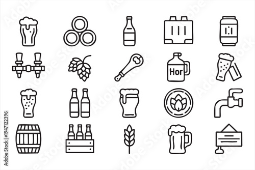 Craft Beer Brewing Outline Icons Featuring Hop Barley Mug and Brewery Equipment