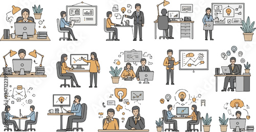 Diverse office workers collaborate and brainstorm using technology and visual aids