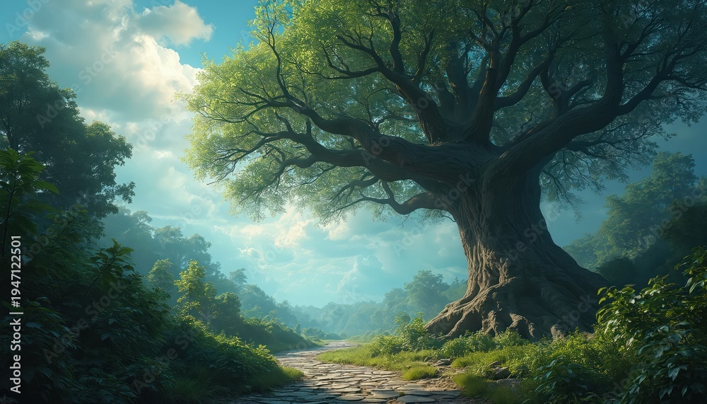 Fototapeta premium Ancient gnarled tree stands roadside with sprawling branches reaching skyward. A stone path winds through rich green forest under bright, cloudy sky. Nature, growth, journey, wisdom, life.