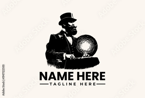 A black and white illustration of a bearded man in a suit and top hat holding a circular logo with space for a name and tagline on a plain background.