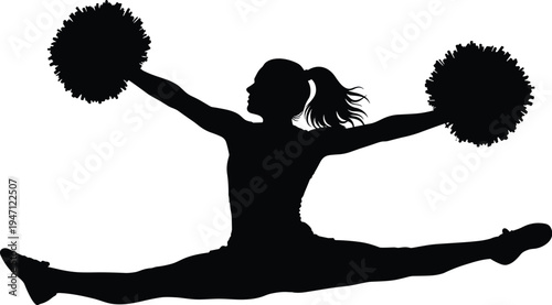 Cheerleader jump silhouette with pom poms, cheerleading dance action, sports spirit performance, school team support illustration vector