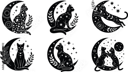 Celestial cats silhouettes illustration, mystical cosmic artwork, fantasy moon star design, magical feline concept, decorative spiritual graphic