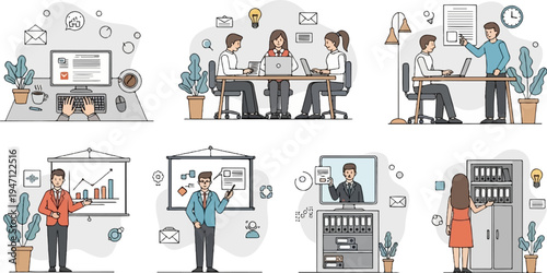 Business team collaborating, presenting ideas, and organizing documents for success