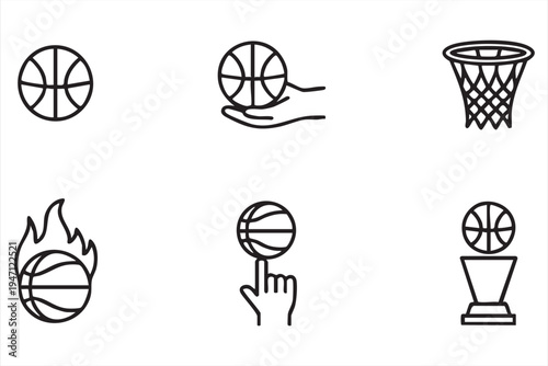 Basketball Game Outline Icons Featuring Ball Hoop Net and Player Actions