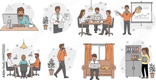 Colleagues collaborating and working in various office and home settings