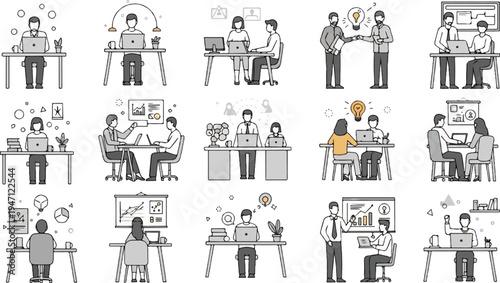Collection of diverse illustrations depicting office workers and business activities