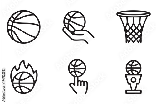 Basketball Competition Line Icons Featuring Court Ball Hoop and Trophy