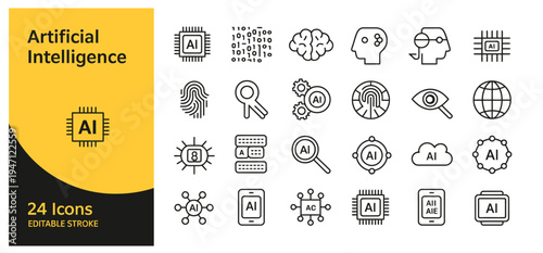 Collection of 24 artificial intelligence icons, representing technology and data processing.