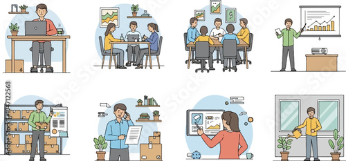 Diverse business activities desk work, meetings, presentations, shipping, calls, and plant care