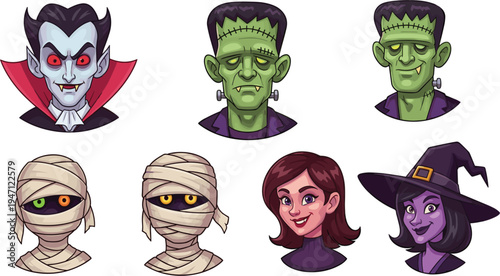 Halloween monster avatar collection featuring vampire Frankenstein mummy witch and girl cartoon characters spooky