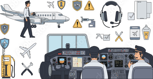 Aviation Pilot and Aircraft Cockpit Vector Illustration Set with Airplane Crew, Flight Control Panel, Aviation Equipment and Airport Safety Icons