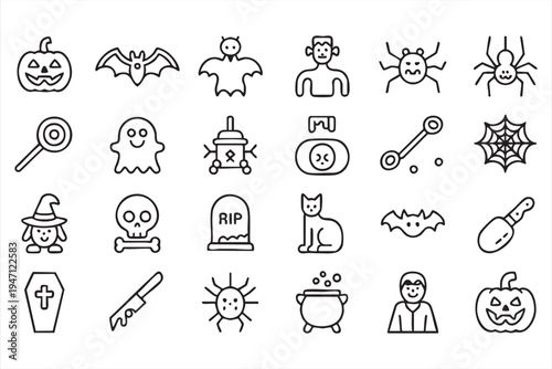 Halloween Spooky Line Icon Set with Pumpkin Ghost Bat Witch and Skull