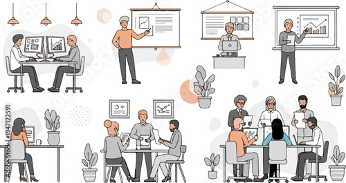 Diverse business people collaborating and presenting in a modern office environment