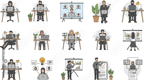 Diverse individuals working on laptops and presenting data