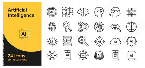 Set of 24 artificial intelligence icons, symbolizing data, cognition, and advanced technology.