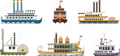 Colorful illustration depicting a collection of vintage paddlewheel riverboats showcasing historic steamships, river travel, and classic maritime scenes vector art