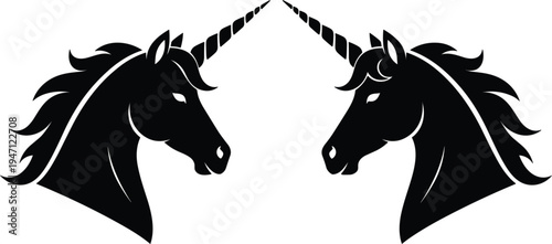 Symmetrical black unicorn head silhouette logo, magical fantasy horse illustration, mirrored mythical animals with horns, minimal vector emblem isolated on white background modern design