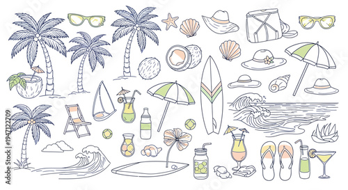 Diverse Collection of Summer Beach and Tropical Holiday Items Doodle Line Art Illustration
