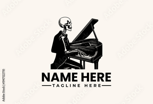 A skeleton playing a grand piano with a template text for a logo or icon on a beige background, featuring a pictogram logo with a vector illustration style.