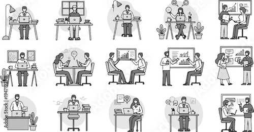 Diverse individuals engage in office work and collaborative discussions