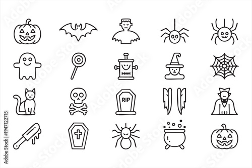 Spooky Halloween Line Icons Featuring Pumpkin Ghost Spider and Skull