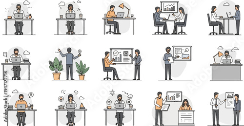 Diverse office professionals collaborate and work on computers