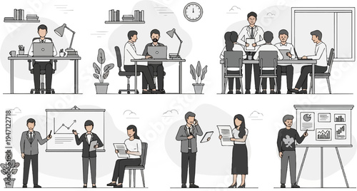 Diverse office scenarios collaboration, individual work, and presentations