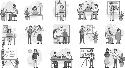 Diverse office workers collaborating, presenting, and working individually