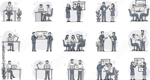 Diverse office scenarios depicted in a simple, monochrome line-art style