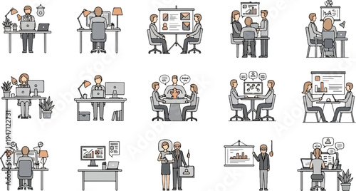 Diverse office scenarios depict teamwork and individual tasks