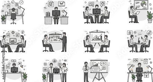 Diverse office scenarios individual work, meetings, and presentations