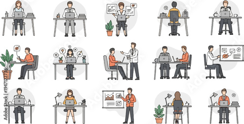 Diverse office workers collaborating and focused on laptops and presentations