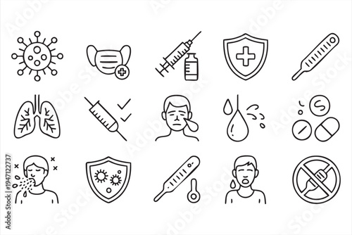 Medical Healthcare Vaccine Line Icon Set with Virus Mask Syringe and Thermometer