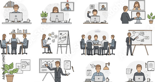 Diverse office scenarios showcasing teamwork, presentations, and remote work