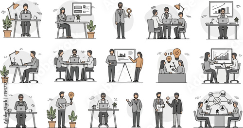 Diverse office team collaborating and presenting business ideas on laptops