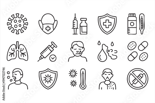 Healthcare Protection Outline Icons Featuring Vaccine Shield Virus and Medicine