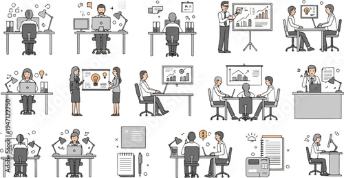 Diverse office scenarios individuals working, presenting, and collaborating