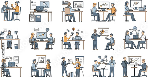 Diverse office scenarios showcasing collaboration, individual work, and presentations