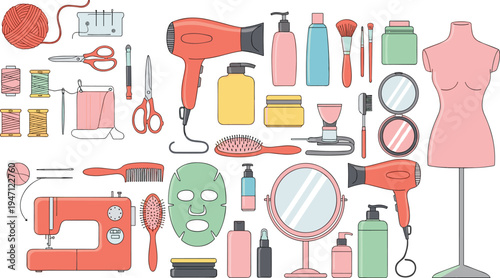 Beauty salon and sewing tools collection with cosmetics hair dryer mannequin sewing machine fashion design vector illustration set