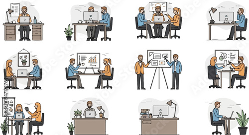 Diverse office scenes depicting collaboration and individual work tasks (1)