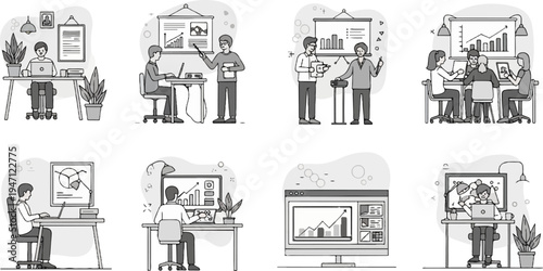 Diverse office scenes depicting individuals and groups working